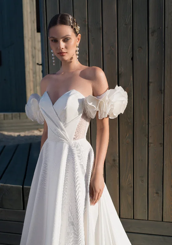 Ballroom - ready wedding dresses with a large skirt​Mikado Strapless A-Line Wedding Dress with Removable Sleeves and Strap