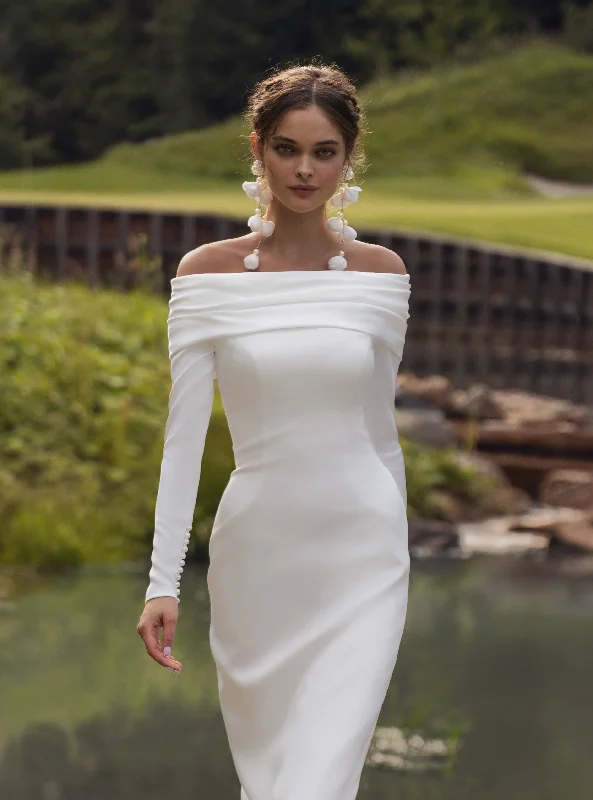 Wedding dresses with a belt made of crystals​Minimalist Elegant Off-the-Shoulder White Dress