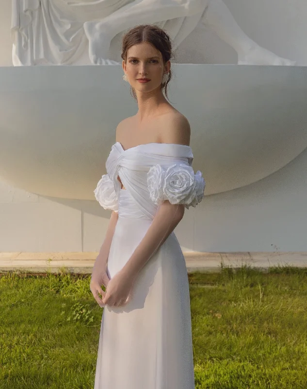 Beach - friendly wedding dresses made of lightweight fabric​Minimalist Off-the-shoulder Silk Wedding Dress with 3-D Rose Gloves