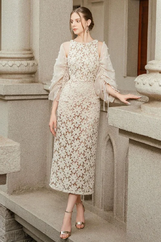 Party dresses with a criss - cross back design for a stylish detail​Miyake Sheath Round Neck Lace Midi Dress