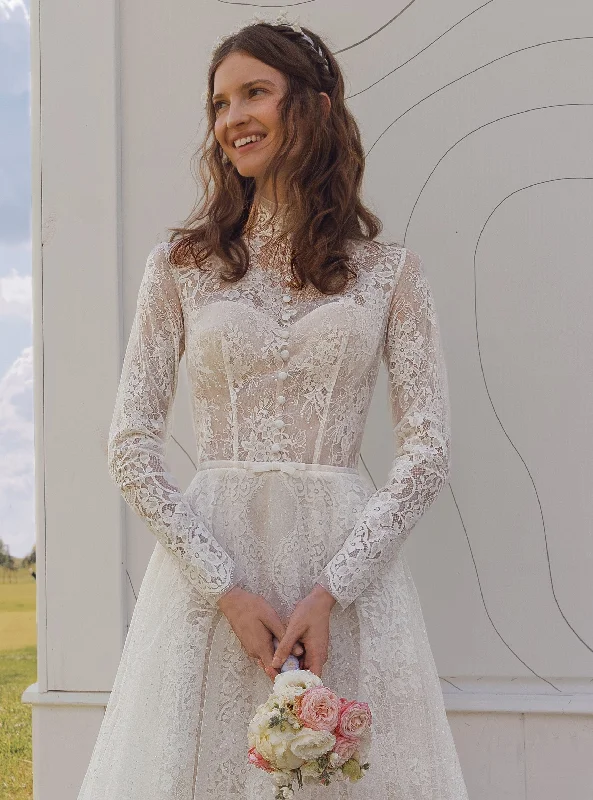 Vintage - themed wedding dresses with pearl accents​Modest Long Sleeve High-Neck A-Line Lace Wedding Gown
