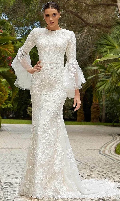 Mori Lee Bridal 30123 - Bateau Neck Elbow Length Sleeve Wedding Dress