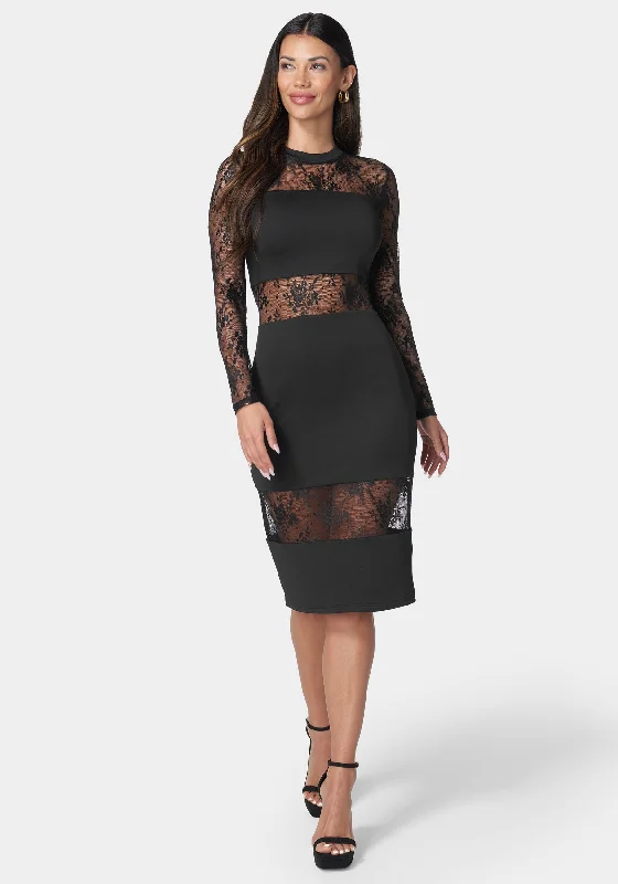 Bodycon dress with a metallic finish​Multi Lace Inset Midi Dress