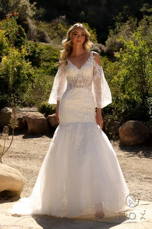 Mermaid silhouette wedding dresses with lace appliques​Nox Anabel JE983L Long Bridal Mermaid Wedding Dress