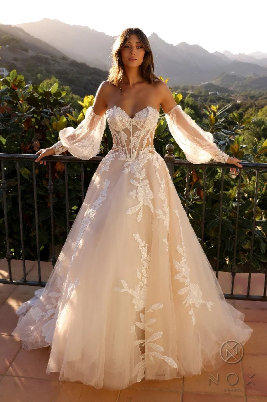 Sheer - panel wedding dresses with a touch of elegance​Nox Anabel JE990L Long Floral Applique Corset Wedding Dress
