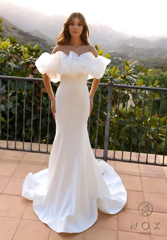Off - the - shoulder wedding dresses with ruffled sleeves​Nox Anabel JW984 Mermaid Long Wedding Dress