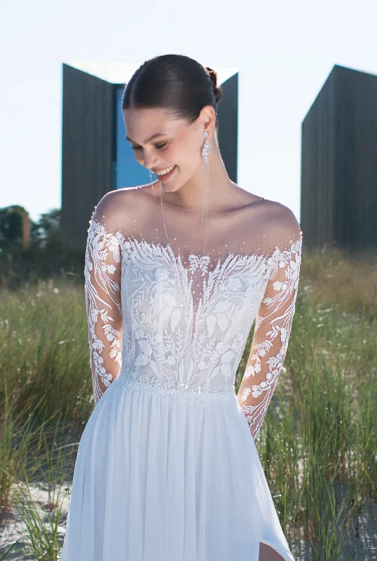 Two - piece wedding dresses with a crop top​Off-Shoulder Sheer Long Lace Sleeves A-Line Wedding Dress with Slit