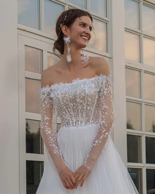 Illusion - neck wedding dresses with delicate lace​Off-the-Shoulder A-Line Wedding Dress with Exquisite Details