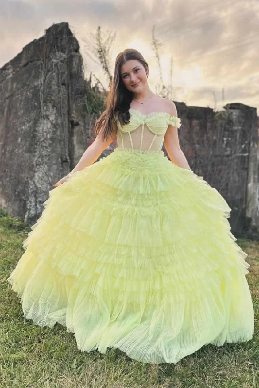 Fairy - themed party dresses with wings and glitter for a magical look​Off the Shoulder Light Yellow Ruffle Layered Prom Dress PSK480