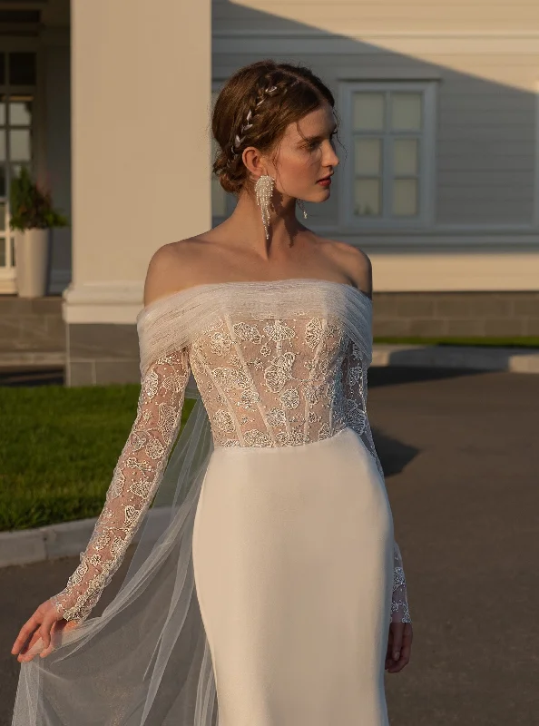 A - line wedding dresses with a beaded neckline​Off-the-Shoulder Sheath Wedding Dress with Removable Train