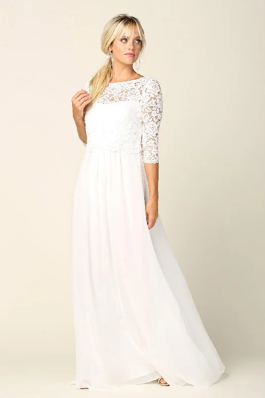 Off White S Simple Long 3/4 Sleeve Lace Chiffon Wedding Dress Sale