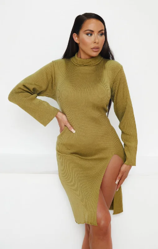 Olive Roll Neck Split Detail Long Sleeve Jumper Dress- Caitlyn