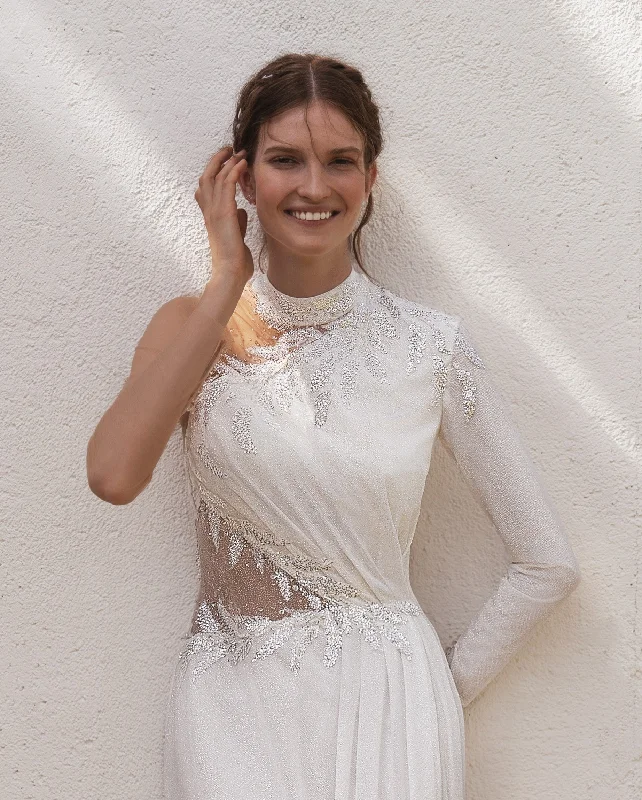 Empire waist wedding dresses with beaded bodices​One-Shoulder Sheath Glitter Wedding Dress