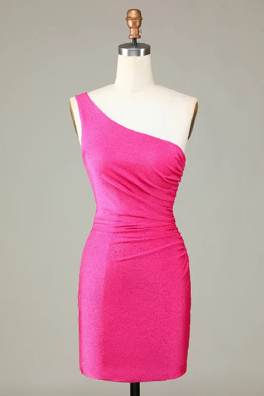 Sleeveless Women Dress in Bright Colors for Summer PartiesUnique Hot Pink One Shoulder Pleated Short Tight Homecoming Dress