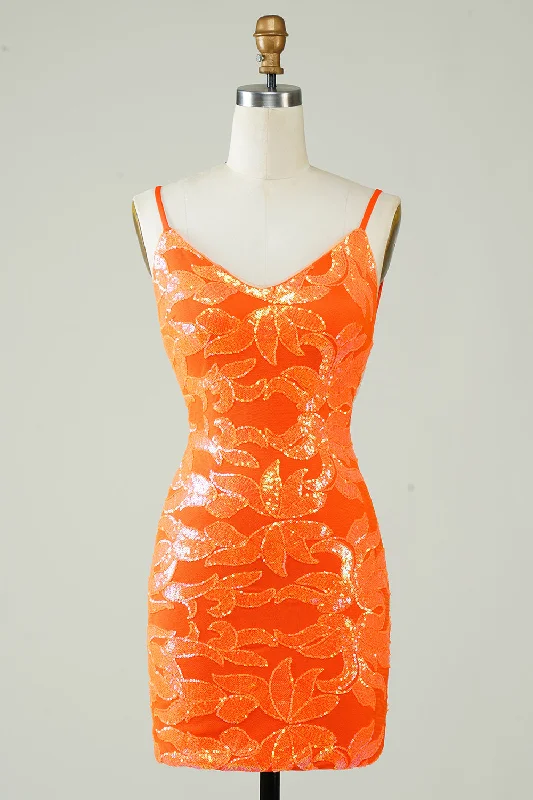 Mini Women Dress with a Short Hem for a Young and Trendy StyleOrange Glitter Tight Homecoming Dress with Backless