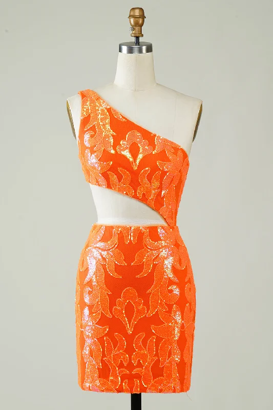 Ball Gown Women Dress with a Full Skirt for a Princess - like LookOrange One Shoulder Glitter Homecoming Dress with Hollow-out