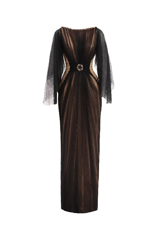Party dresses with a pom - pom trim for a fun and festive touch​Pierce Pegged Boat Neck Mesh Silk Floor Length Dress