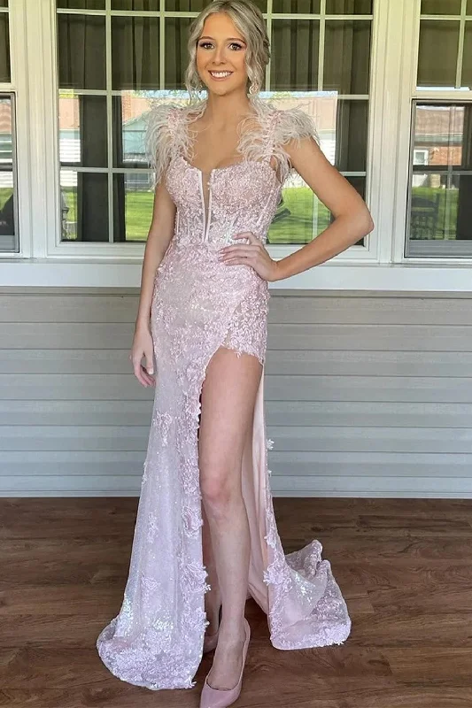 Plus - size party dresses with a flattering cut for all body types​Pink Appliques Mermaid Split Prom Dress with Feathers  PSK498