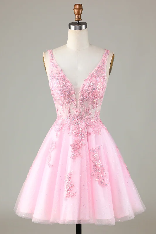 Backless Women Dress for a Sexy and Alluring Look at Evening EventsPink Glitter Cute Homecoming Dress with Appliques