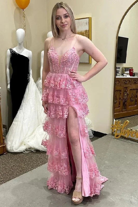 Cocktail party dresses in a classic little black dress style​Pink Glitter Lace Appliques Ruffle Tiered Long Dress with Slit  PSK499
