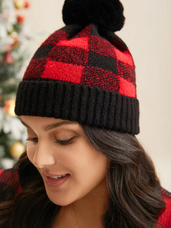 Plaid Fur Ball Contrast Hem Hat