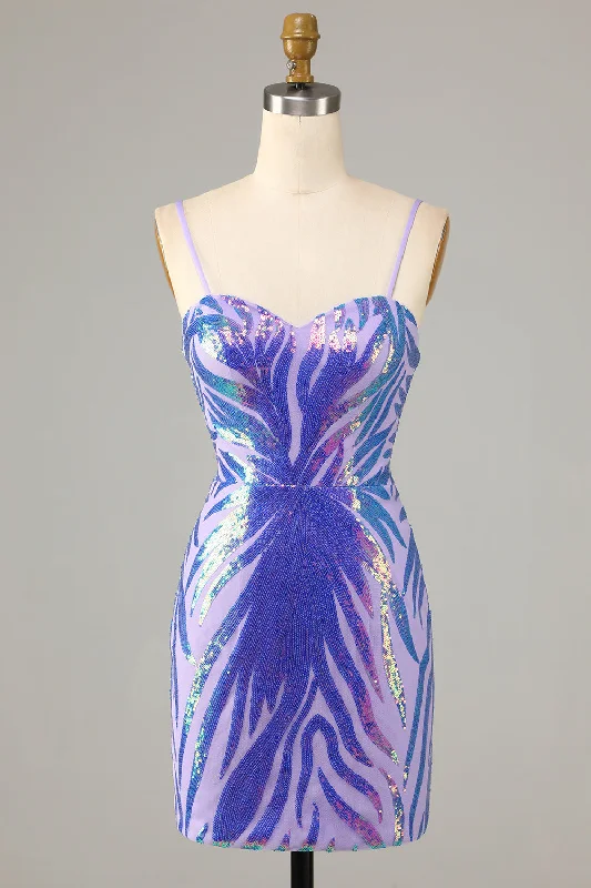 Lace - Embellished Women Dress for an Elegant and Sophisticated AppearancePurple Spaghetti Straps Sequin Bodycon Homecoming Dress