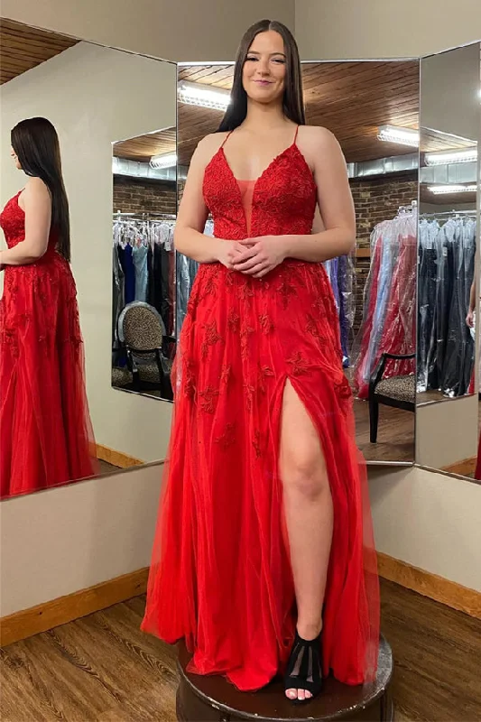 Party dresses with a bow detail for a cute and charming touch​Red Plunging V Neck Floral Appliques Long Prom Dress with Slit PSK485