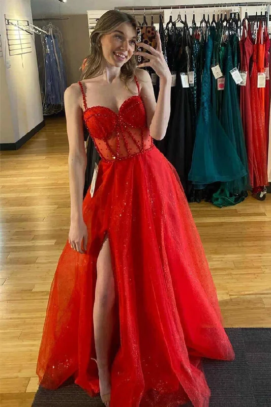 Party dresses with a ruched fabric for a textured and flattering effect​Straps Beaded A-Line Sparkly Red Prom Dress with Split  PSK503