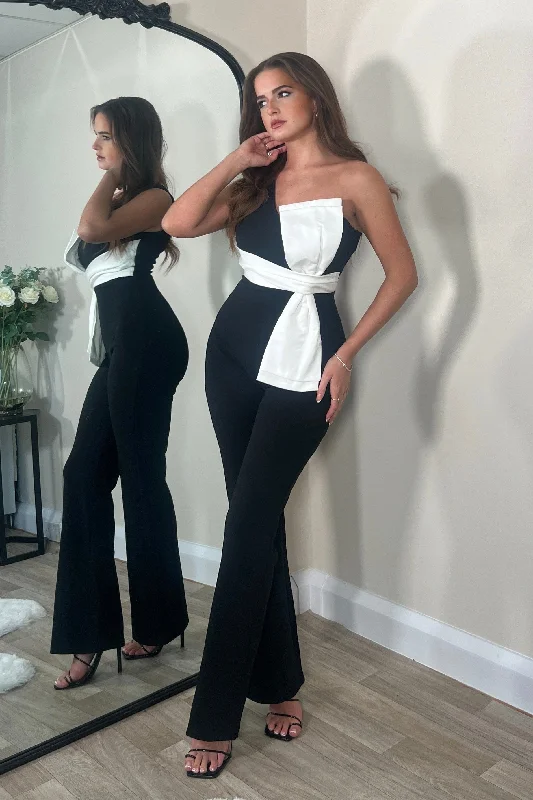 One - shoulder wedding guest dresses with beaded detailsRosemary Black Jumpsuit With White Bow