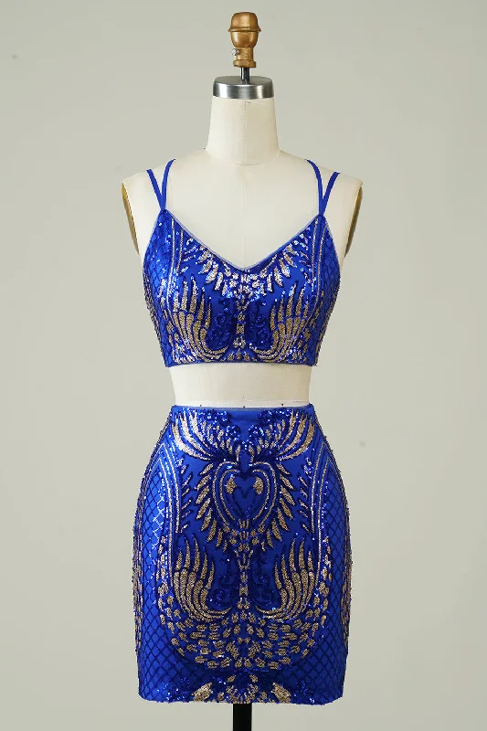 Long - Sleeve Women Dress in Velvet for a Luxurious Winter LookRoyal Blue Two Piece Glitter Tight Homecoming Dress