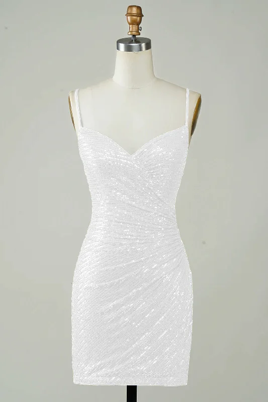 Strapless Women Dress with a Built - in Bra for Comfort and SupportSequins Bodycon Cute White Short Graduation Dress