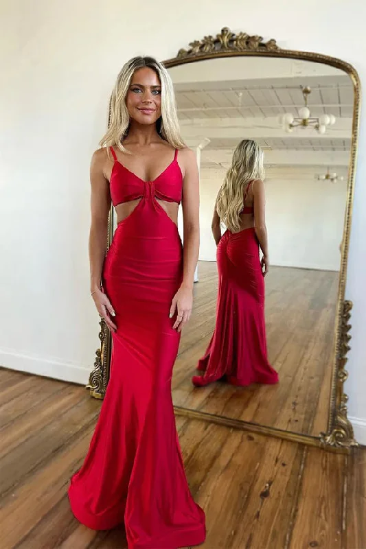 Party dresses with a detachable train for added versatility​Sexy Spaghetti Straps Red Sheath Prom Formal Dress PSK490