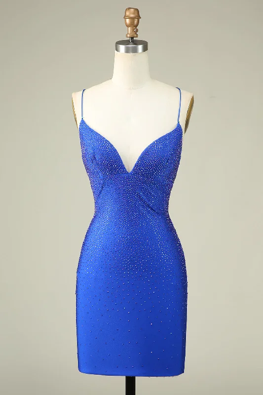 Long - Sleeve Women Dress in Velvet for a Luxurious Winter LookSexy V Neck Blue Spaghetti Straps Homecoming Dress With Beading