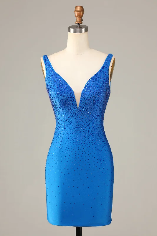 Sleeveless Women Dress in Bright Colors for Summer PartiesSheath Deep V Neck Blue Short Homecoming Dress with Beading