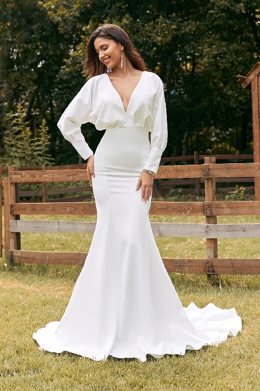 Simple Ivory Long Sleeves Mermaid Wedding Dress