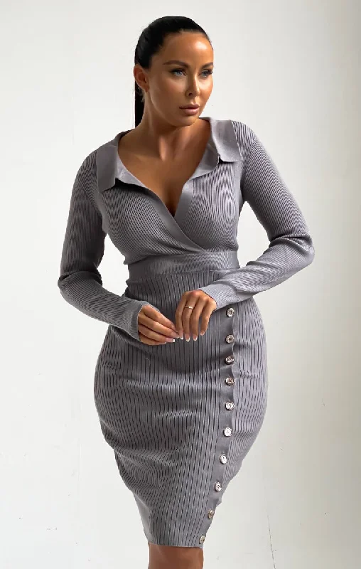 Smoke Grey Ribbed Plunge Long Sleeve Button Detail Collared Midi Jumper Dress- Roselyn