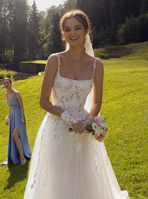 Vintage - themed wedding dresses with pearl accents​Spaghetti Strap A-Line Wedding Dress