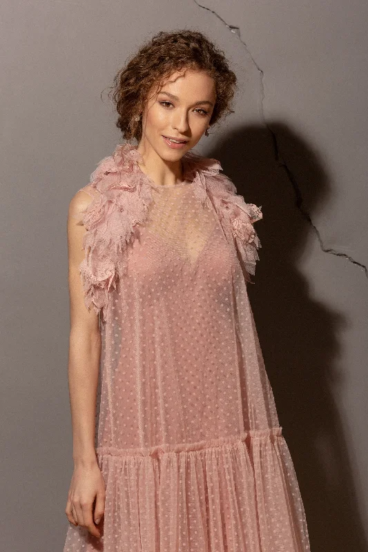 Party dresses with a pom - pom trim for a fun and festive touch​Spaghetti Strap Midi Party Dress With Tulle Overlay