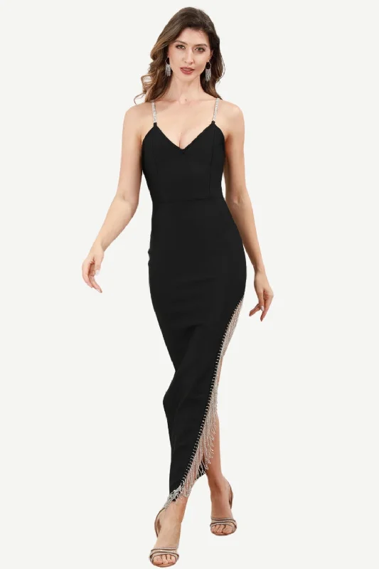 Printed Abstract Women Dress for a Modern and Artistic AppealSpaghetti Straps Black Party Dress with Fringes