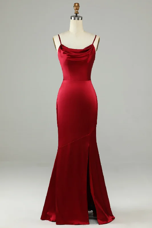One - shoulder wedding guest dresses with beaded detailsSpaghetti Straps Burgundy Long Bridesmaid Dress with Slit