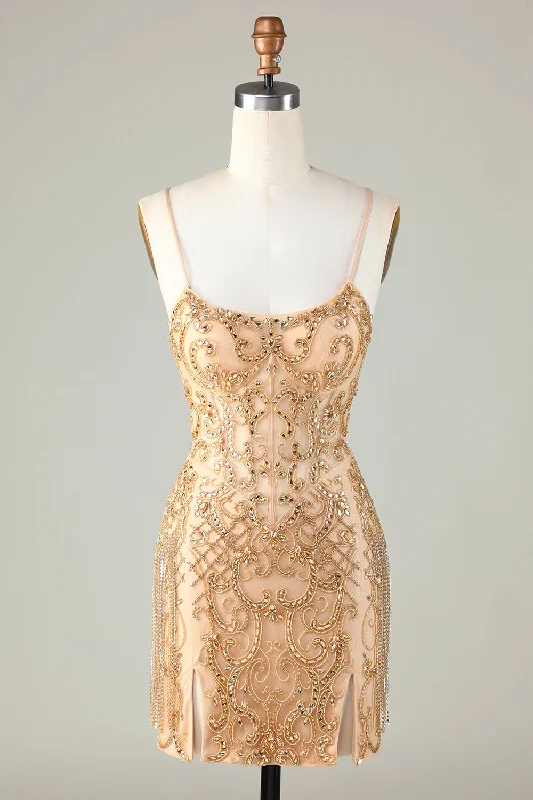 Pleated Women Dress with a Timeless and Elegant TextureSpaghetti Straps Golden Tight Homecoming Dress with Beading