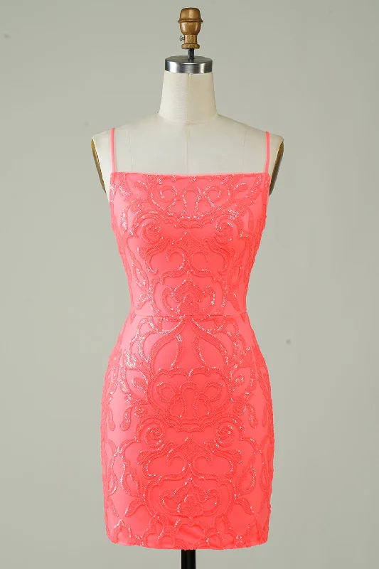 Shift Women Dress with a Simple and Classic Design for Everyday WearSpaghetti Straps Peach Glitter Tight Homecoming Dress