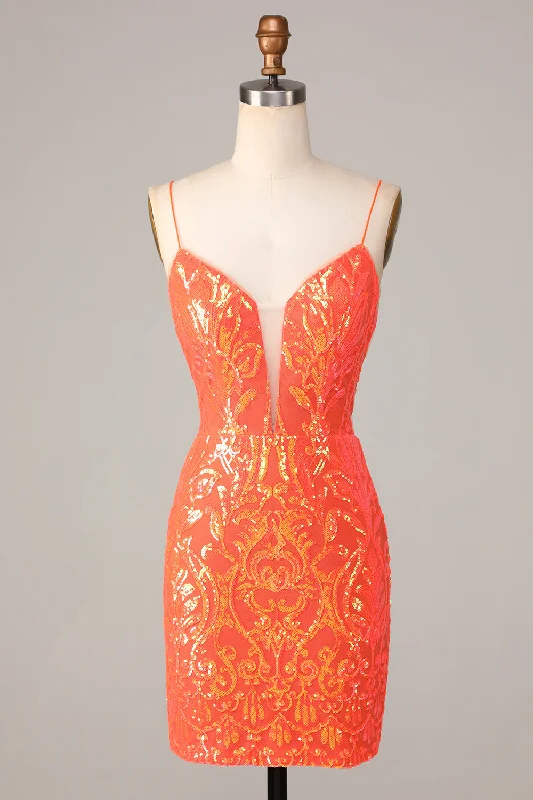 Mini Women Dress with a Short Hem for a Young and Trendy StyleSparkle 'til Dawn Bodycon Spaghetti Straps Orange Sequins Short Homecoming Dress