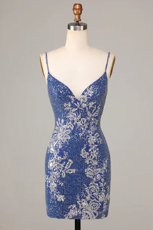 Little Black Women Dress with Sequins for a Glamorous Night OutSparkly Sheath Spaghetti Straps Dark Blue Short Homecoming Dress with Embroidery