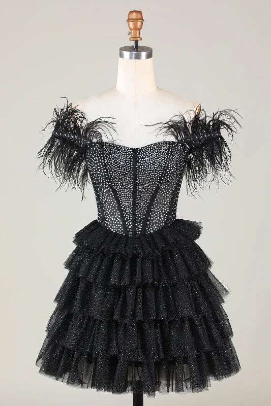 Ruffled Women Dress with Multiple Layers for a Playful and Girly StyleSparkly Beaded Corset A-Line Black Short Homecoming Dress with Feathers
