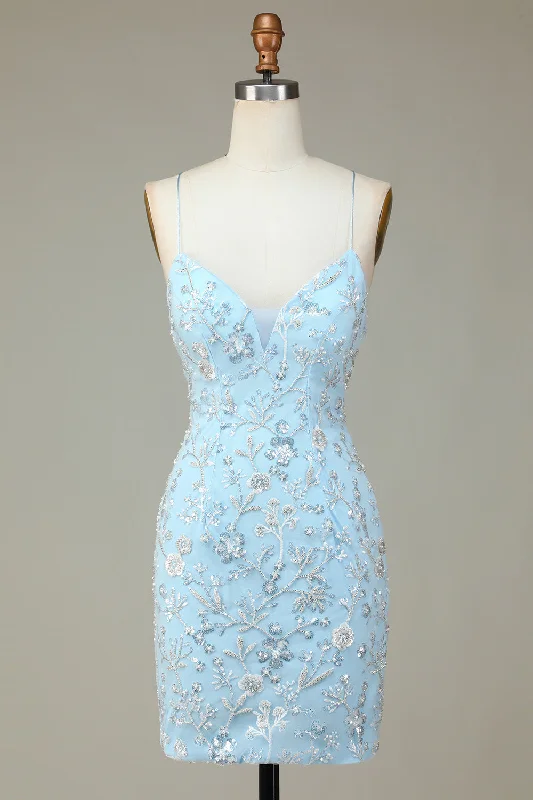Halter Neck Women Dress to Show Off the Shoulders and NecklineSparkly Blue Sequins Beaded Flowers Tight Short Homecoming Dress