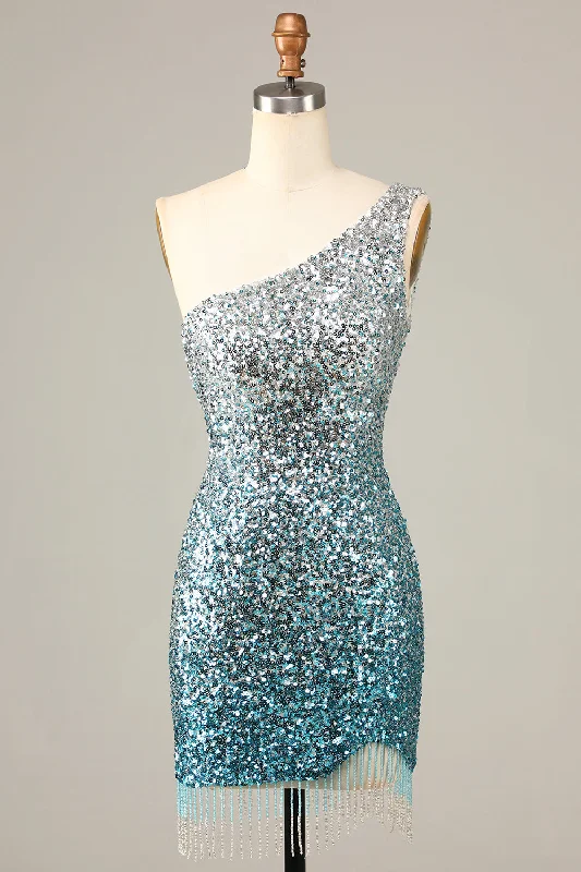 Shift Women Dress with a Simple and Classic Design for Everyday WearSparkly Bodycon One Shoulder Blue Sequins Short Homecoming Dress with Tassel
