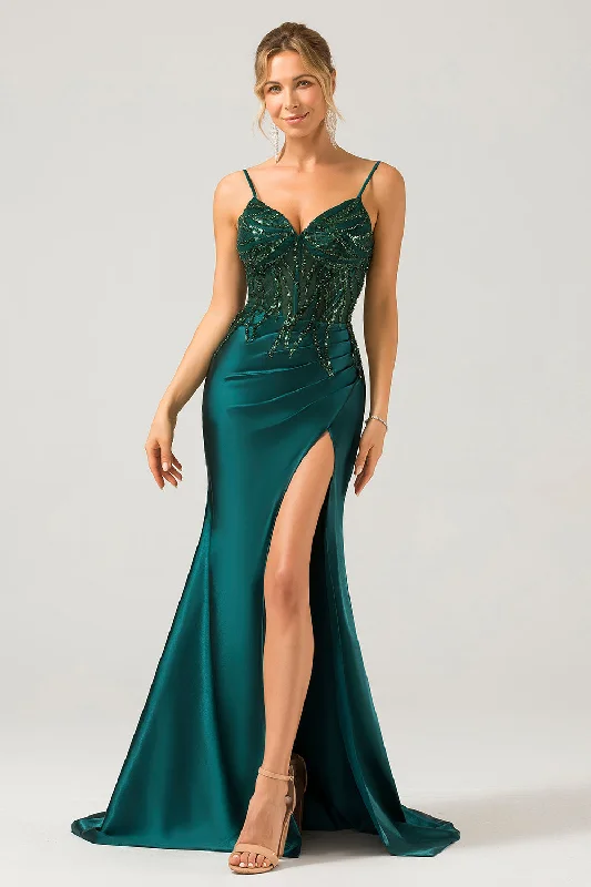 Sparkly Dark Green Mermaid Sequin Pleated Corset Long Prom Dress With Slit