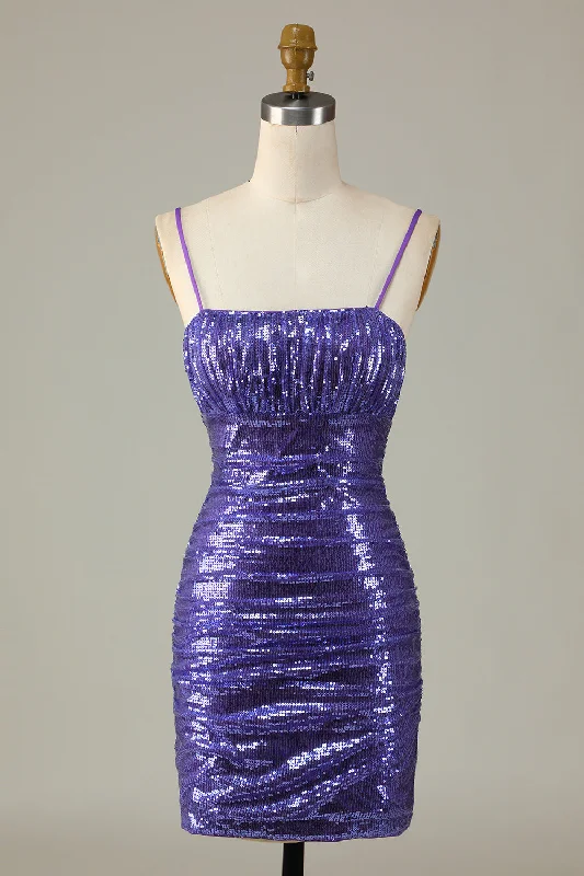 Long - Sleeve Women Dress in Velvet for a Luxurious Winter LookSparkly Purple Sequins Spaghetti Straps Tight Short Homecoming Dress