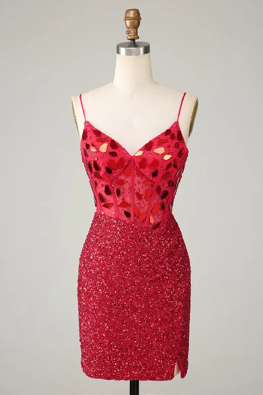 Empire Waist Women Dress to Accentuate the Bust and Conceal the WaistSparkly Red Corset Sequin Mirror Tight Homecoming Dress with Slit